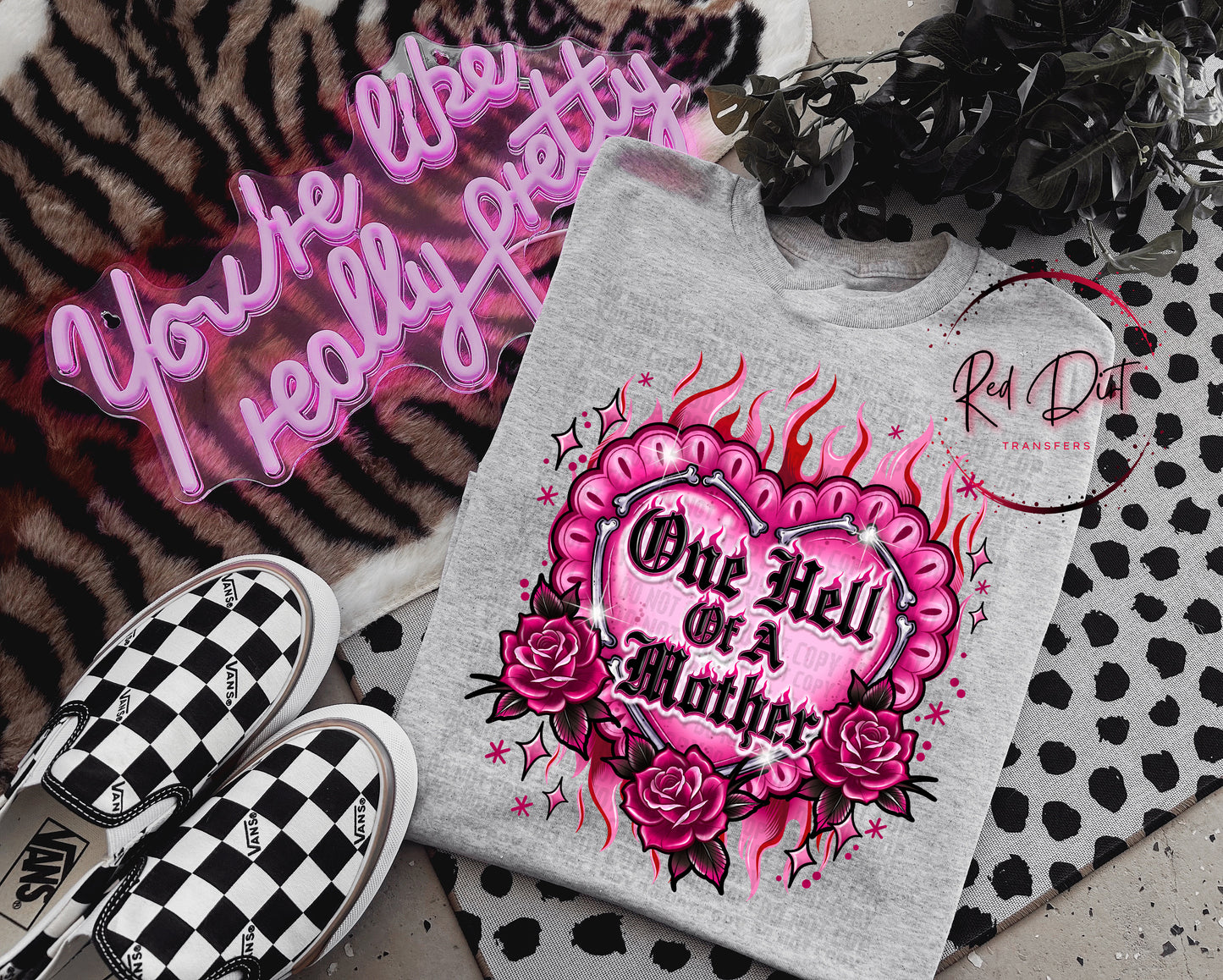 One Hell of a Mother DTF Transfer Ready to Press | Trendy Mom Shirt Transfer | Pink Gothic Heart Design | Red Dirt Transfers