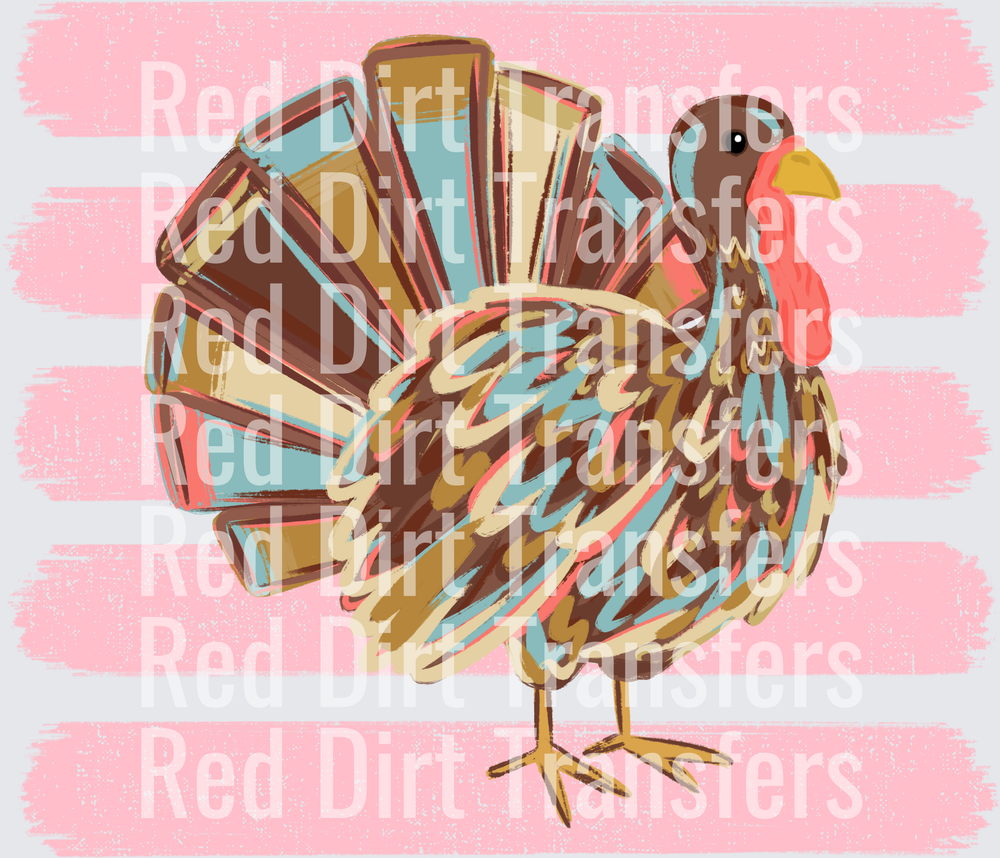 Colorful Boho Thanksgiving Turkey Pink Stripe DTF Transfer