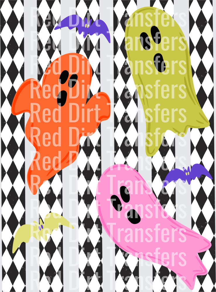Colorful Halloween Ghosts and Bats Harlequin DTF Transfer