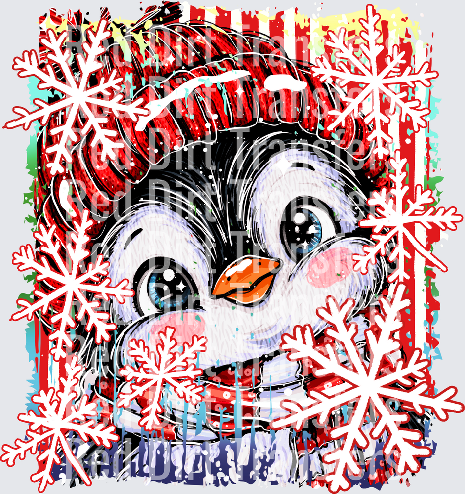 Cute Christmas Penguin Red Beanie Snowflakes DTF Transfer