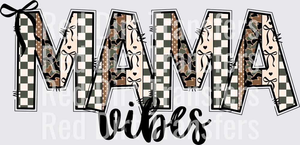 Mama Vibes Camo Checkered Bow Letters DTF Transfer