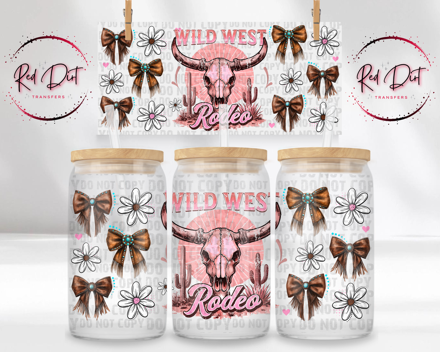 Wild West Rodeo UV Dtf Libbey wrap | western skull bow cup wrap | uv dtf transfer for glass cans | Red Dirt Transfers
