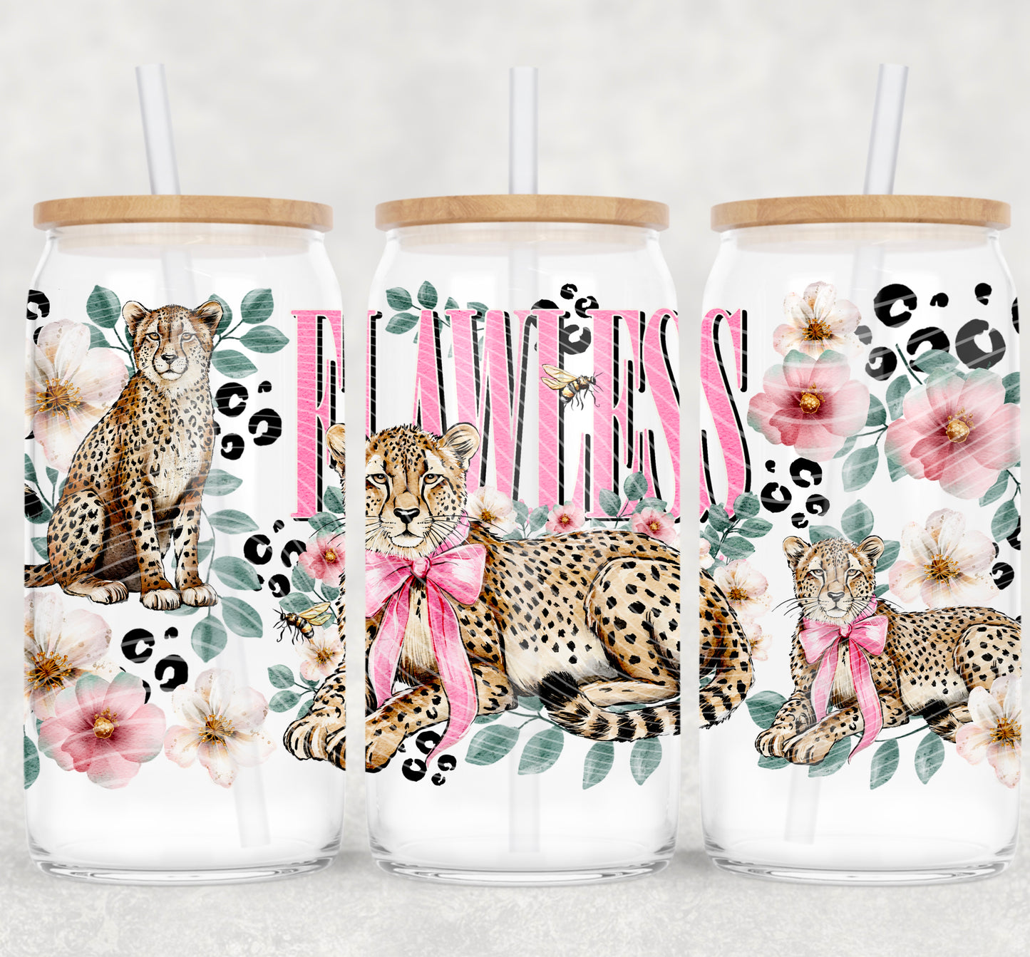 Flawless Cheetah Libbey Wrap UV DTF Transfer, 16oz Glass Can Wrap, Pink Bow Leopard Tumbler Wrap, Ready to Apply