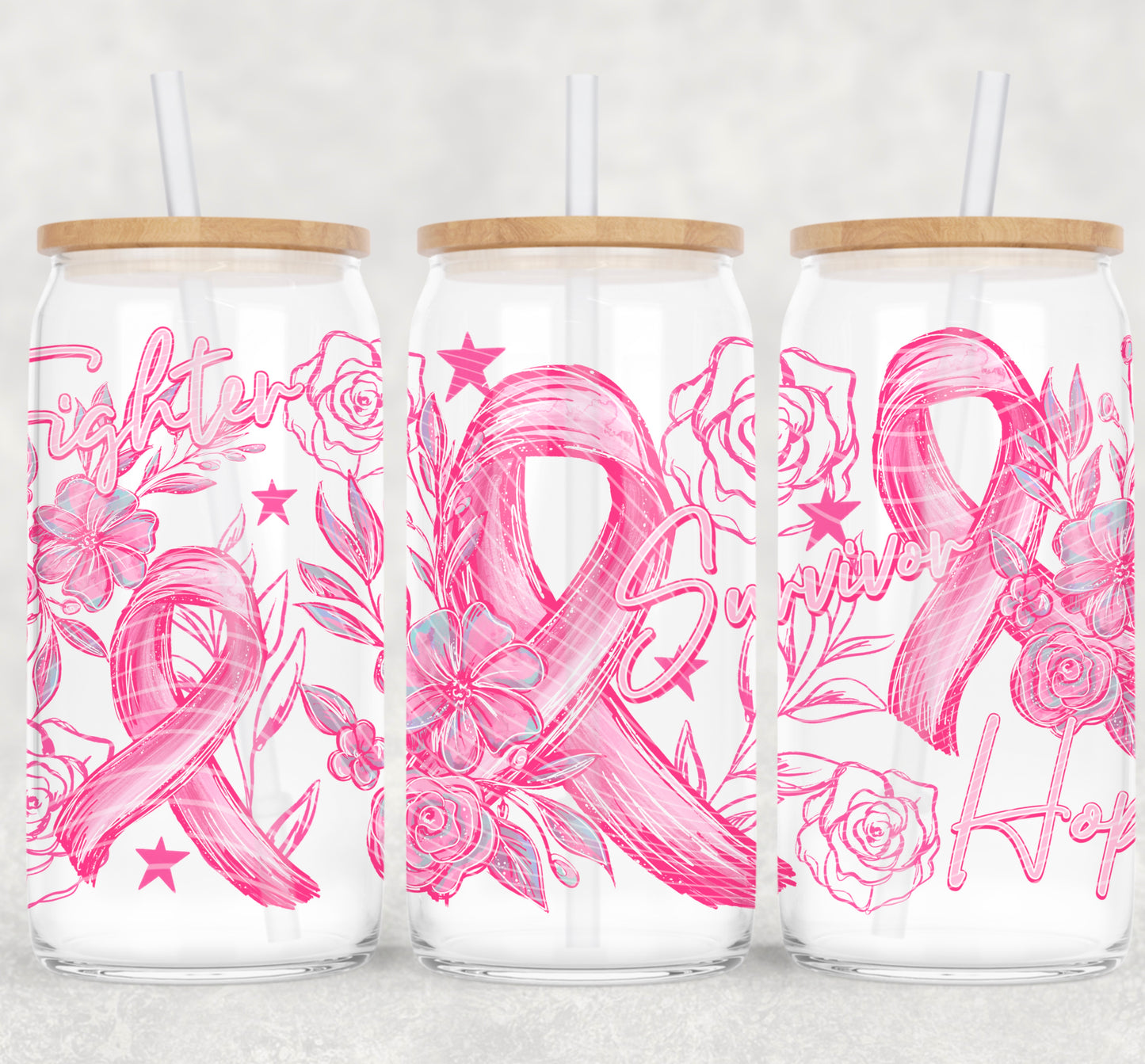 Hope Fight Survivor UV DTF Libbey Transfer | Trendy Breast Cancer Awareness Libbey Wrap | Ready to Transfer | High Quality | Waterproof UV Transfer