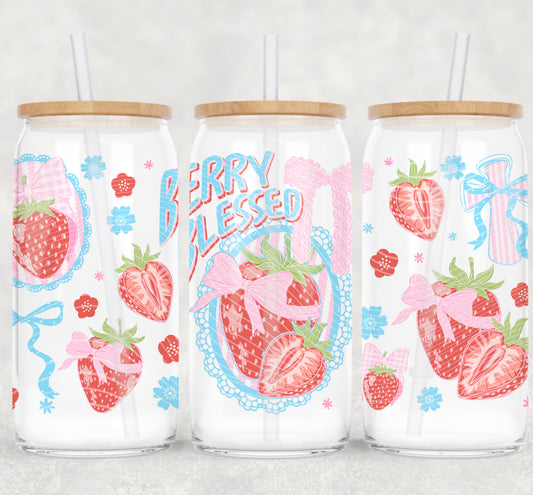 Berry Blessed UV DTF Transfer | Strawberry Cup Wrap | Cute Coquette Libbey Glass Can Wrap | Pink Blue Girly Drink Decal