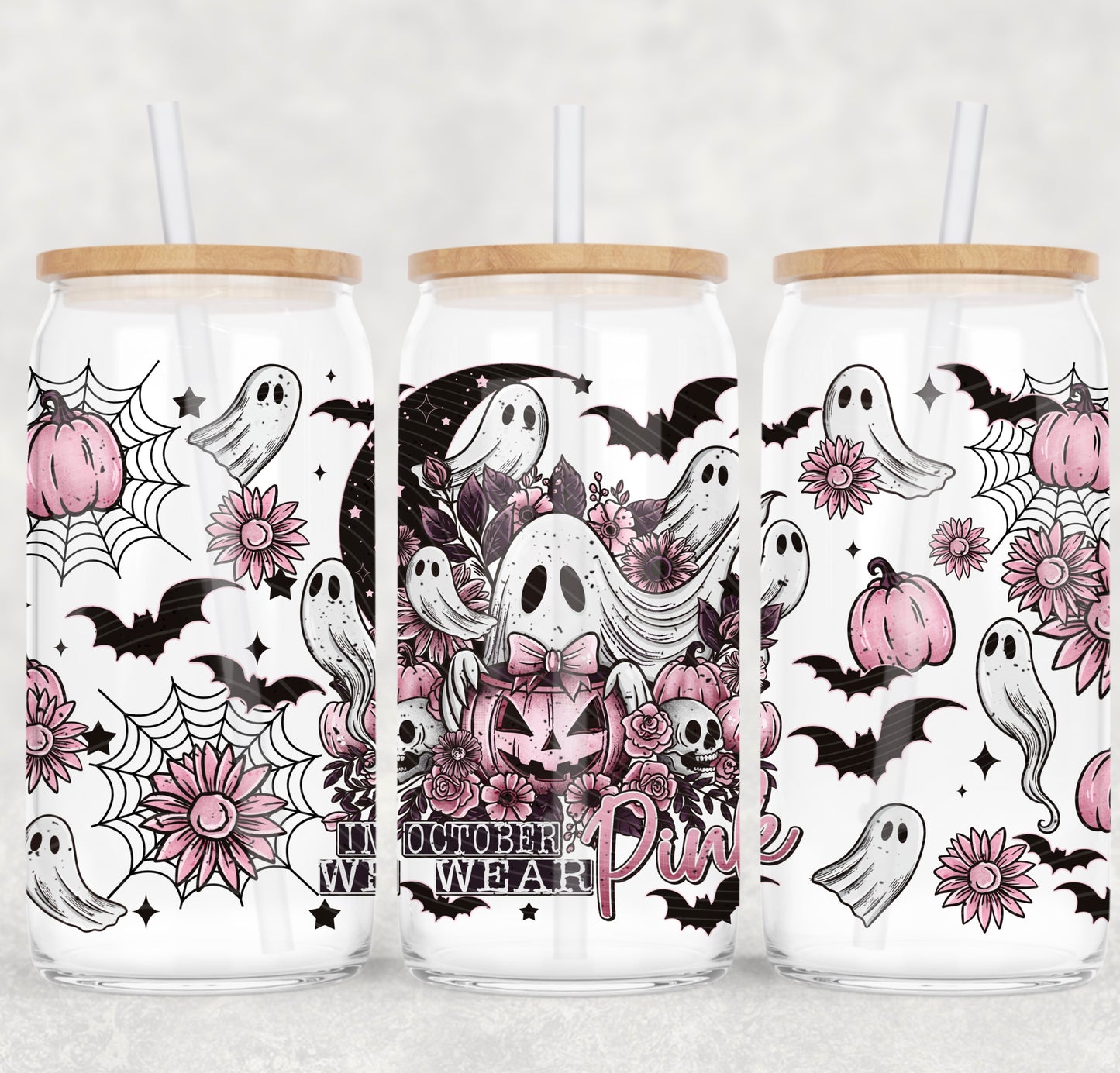 In October We Wear Pink UV DTF Libbey Transfer | Trendy Breast Cancer Awareness Libbey Wrap | Ready to Transfer | High Quality | Waterproof UV Transfer