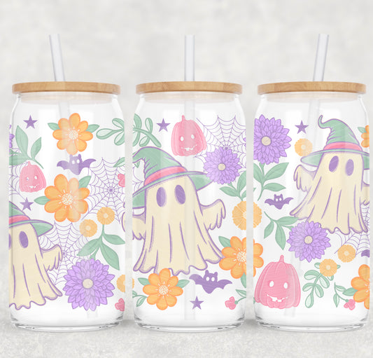 Floral Ghost UV DTF Libbey Transfer | Trendy Halloween Libbey Wrap | Ready to Transfer | High Quality | Waterproof UV Transfer