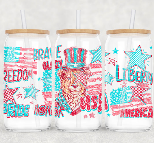Freedom Red White Blue UV DTF Transfer | Patriotic Cup Wrap | USA Flag Leopard 4th of July Libbey Glass Can Wrap
