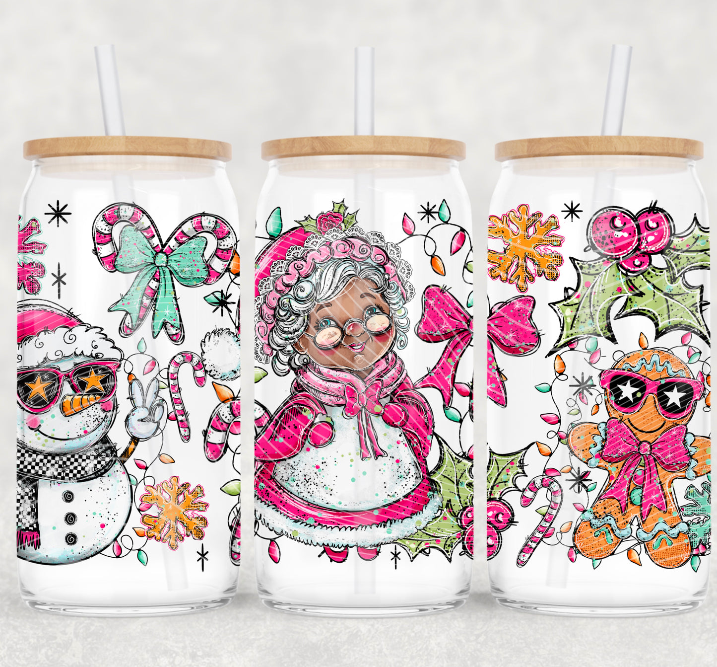 Doodle Mrs. Claus (Dark Skin) UV DTF Libbey Transfer | Trendy Christmas Libbey Wrap | Ready to Transfer | High Quality | Waterproof UV Transfer