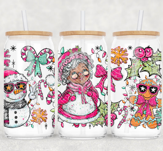 Doodle Mrs. Claus (Dark Skin) UV DTF Libbey Transfer | Trendy Christmas Libbey Wrap | Ready to Transfer | High Quality | Waterproof UV Transfer