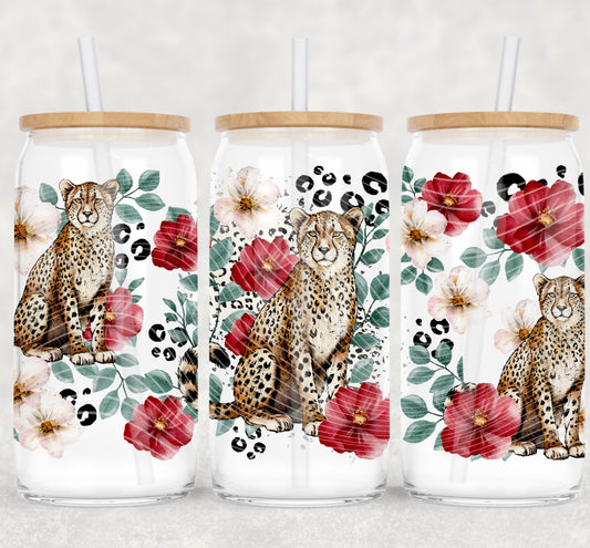 Cheetah Floral Libbey Wrap UV DTF Transfer, 16oz Glass Can Wrap, Leopard Floral Tumbler Transfer, Ready to Apply