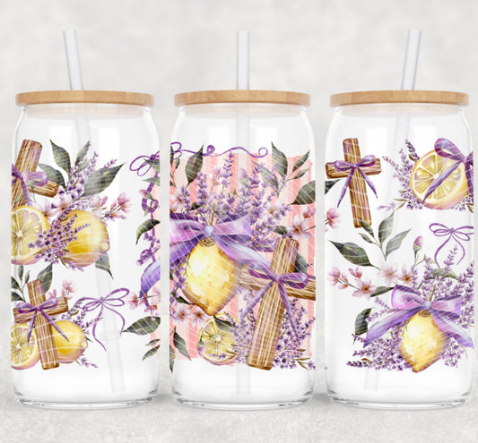 Lavender Lemon Cross Libbey Wrap UV DTF Transfer, 16oz Glass Can Wrap, Christian Floral Tumbler Wrap, Ready to Apply