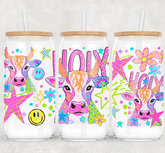 Holy Cow UV DTF Wrap | 16oz Libbey Cup Wrap | Retro Cow Glass Can Transfer | UV DTF Cup Decal