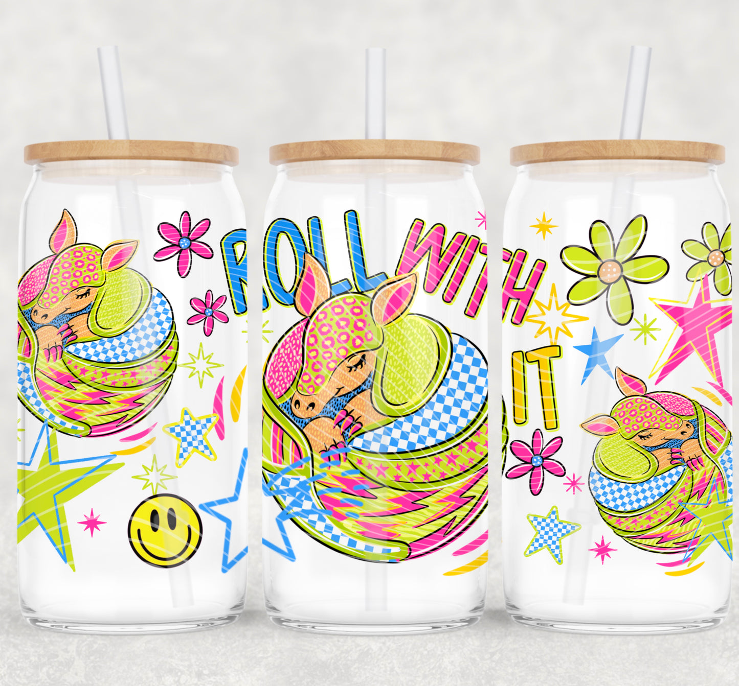 Roll With It UV DTF Wrap | 16oz Libbey Cup Wrap | Cute Armadillo Glass Can Transfer | UV DTF Decal