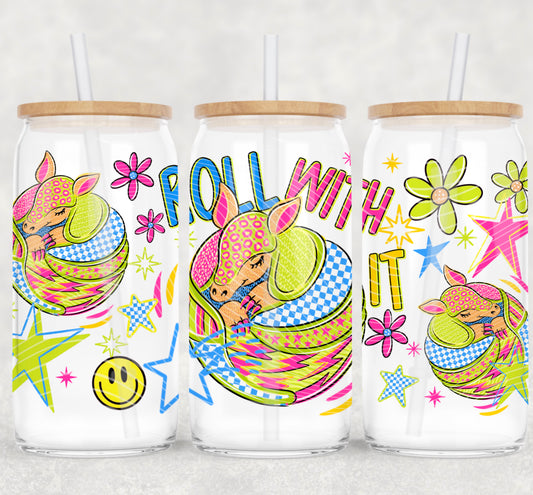Roll With It UV DTF Wrap | 16oz Libbey Cup Wrap | Cute Armadillo Glass Can Transfer | UV DTF Decal