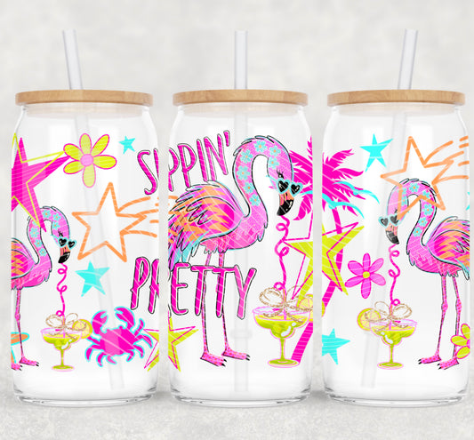 Sippin Pretty UV DTF Wrap | 16oz Libbey Cup Wrap | Flamingo Glass Can Transfer | Cute UV DTF Decal