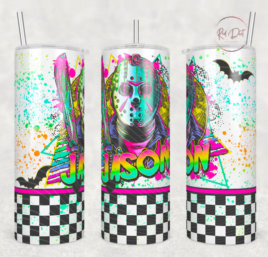 Neon Jason Insulated Tumbler with Plastic Lid and Sealed Reusable Straw | Trendy Horror Characters Cup | Hot/Cold Tumbler