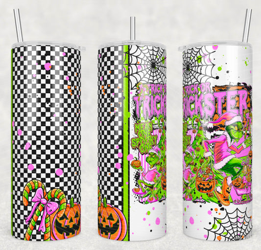 Trick or Trickster Insulated Tumbler with Plastic Lid and Sealed Reusable Straw | Trendy Halloween Cup | Hot/Cold Tumbler