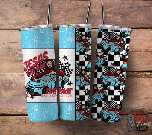 Jesus Has Won the Race Insulated Tumbler with Plastic Lid and Sealed Reusable Straw | Trendy Racing Cup | Hot/Cold Tumbler