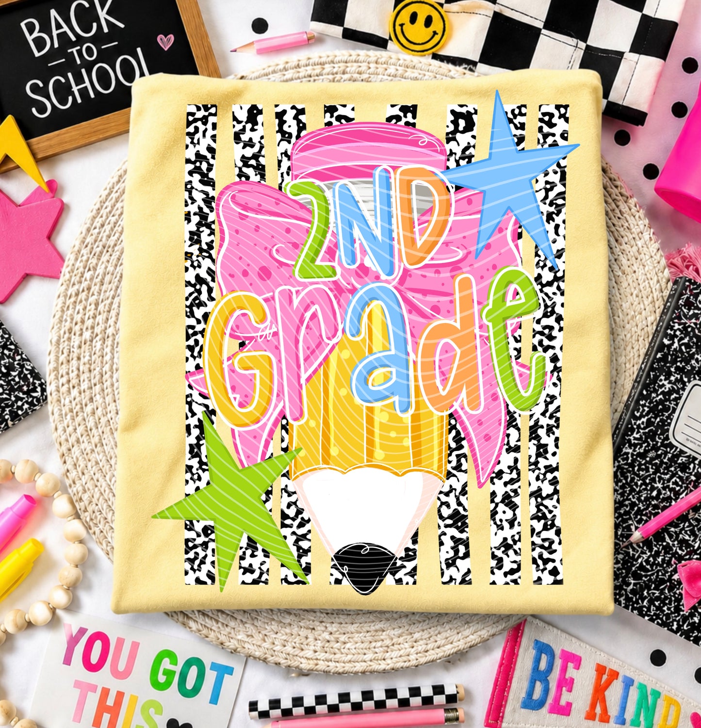 2nd Grade DTF Transfer | Second Grade School Heat Transfer | Colorful Pencil Bow Ready to Press | Back to School Shirt Transfer