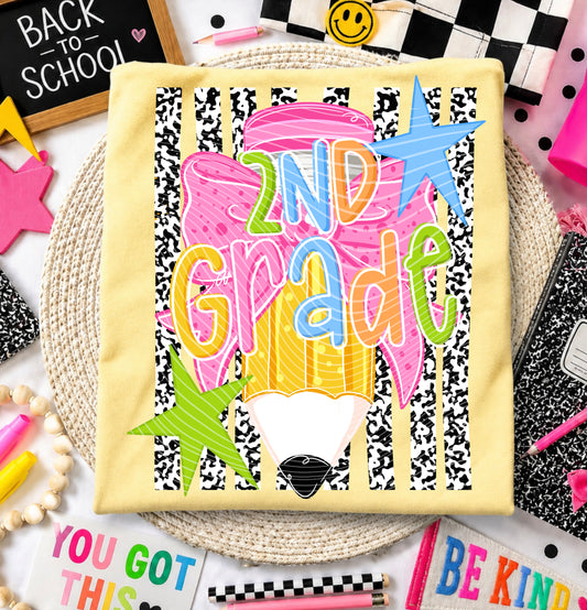 2nd Grade DTF Transfer | Second Grade School Heat Transfer | Colorful Pencil Bow Ready to Press | Back to School Shirt Transfer