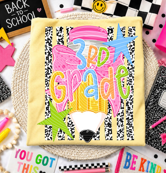 3rd Grade DTF Transfer | Third Grade School Heat Transfer | Colorful Pencil Bow Ready to Press | Back to School Shirt Transfer