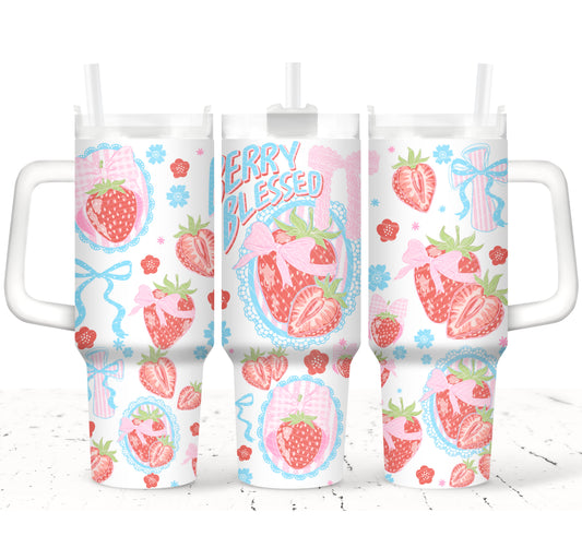 Berry Blessed UV DTF Transfer 40oz | Strawberry Coquette Bow Wrap | 40oz Tumbler Wrap Top 11x5.15 Bottom 10x3.3