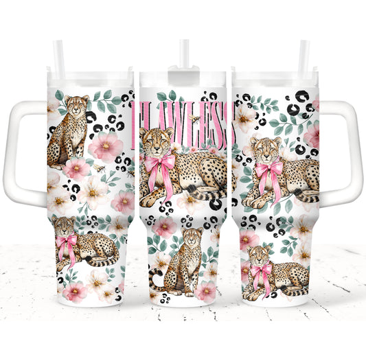Flawless Cheetah 40oz Tumbler Wrap UV DTF Transfer, Pink Bow Leopard Floral Wrap, Stanley Style Cup Wrap, Ready to Apply