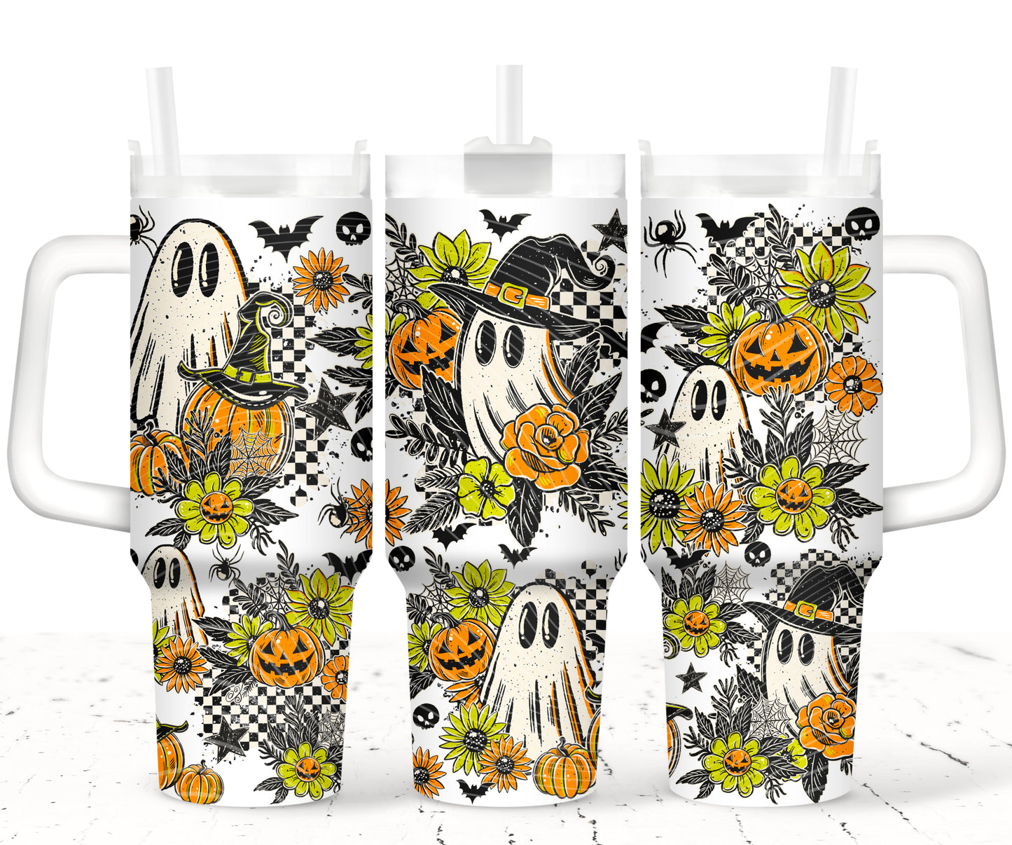 Floral Ghostie UV DTF 40oz Tumbler Transfer | Trendy Halloween Tumbler Wrap | Ready to Transfer | High Quality | Waterproof UV Transfer