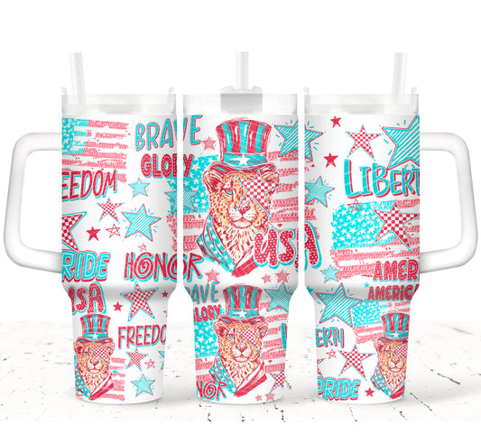 Freedom USA UV DTF Transfer 40oz | Patriotic Leopard Tumbler Wrap | Red White Blue Wrap Top 11x5.15 Bottom 10x3.3