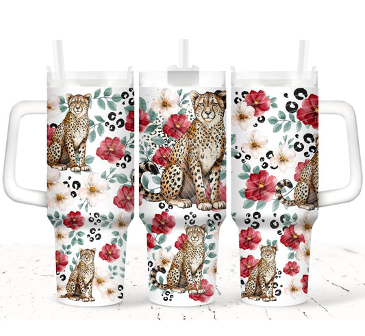 Cheetah Floral 40oz Tumbler Wrap UV DTF Transfer, Leopard Floral Stanley Style Cup Wrap, Ready to Apply