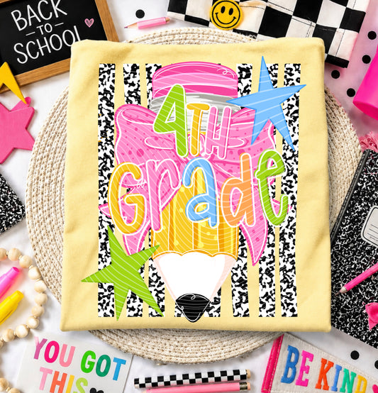 4th Grade DTF Transfer | Fourth Grade School Heat Transfer | Colorful Pencil Bow Ready to Press | Back to School Shirt Transfer