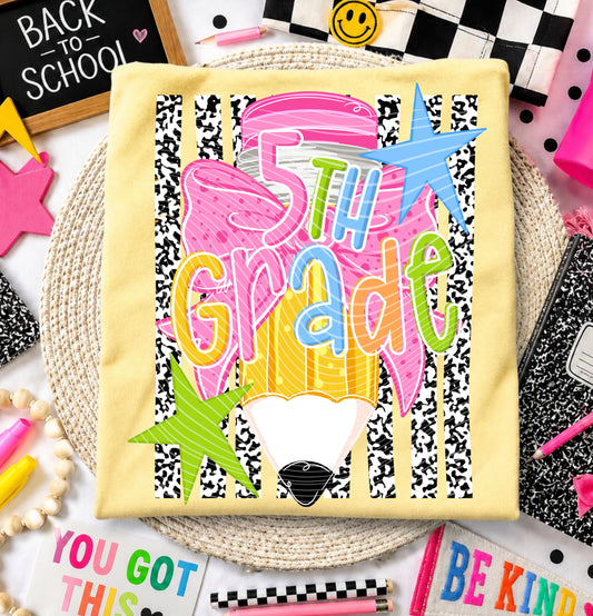 5th Grade DTF Transfer | Fifth Grade School Heat Transfer | Colorful Pencil Bow Ready to Press | Back to School Shirt Transfer