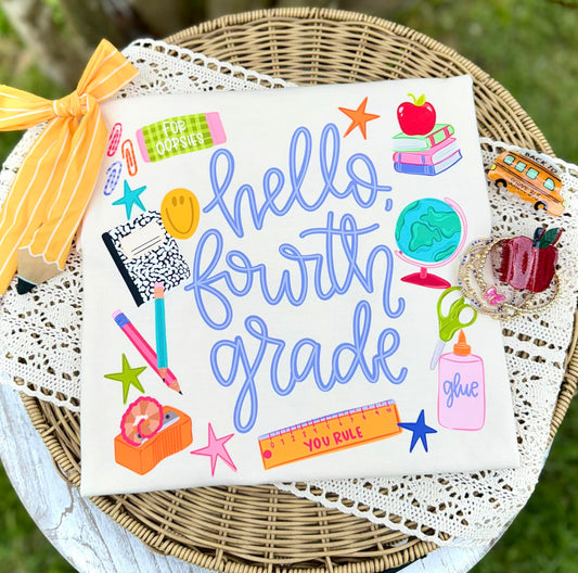 Hello Fourth Grade DTF Transfer, Back To School Heat Transfer, Fourth Grade Shirt Transfer, School Supplies Teacher Student Transfer