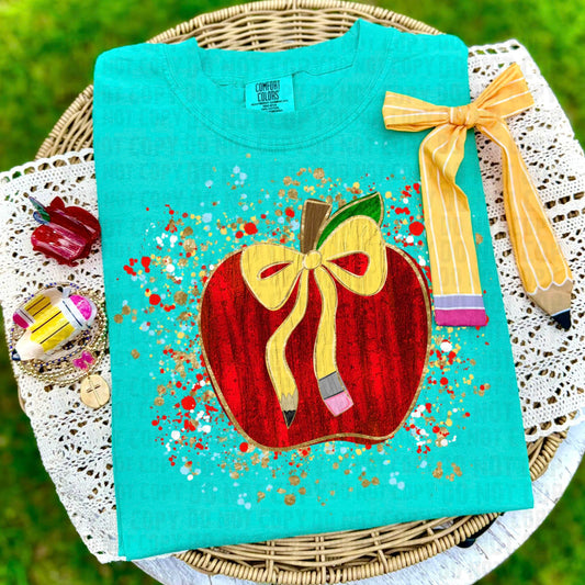 Teacher Apple Bow DTF Transfer, Back To School Teacher Transfer, Apple Pencil Bow Heat Transfer, Teacher Shirt Design, Classroom DTF Transfer