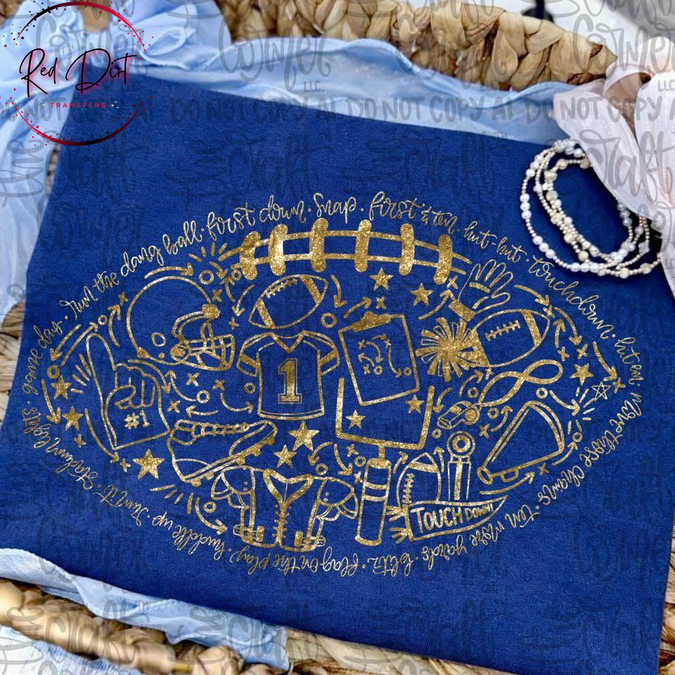 Gold Football Doodle DTF Transfer | Football Mom Transfer | Football Shirt Transfer | Ready To Press Heat Transfer (Copy) (Copy)
