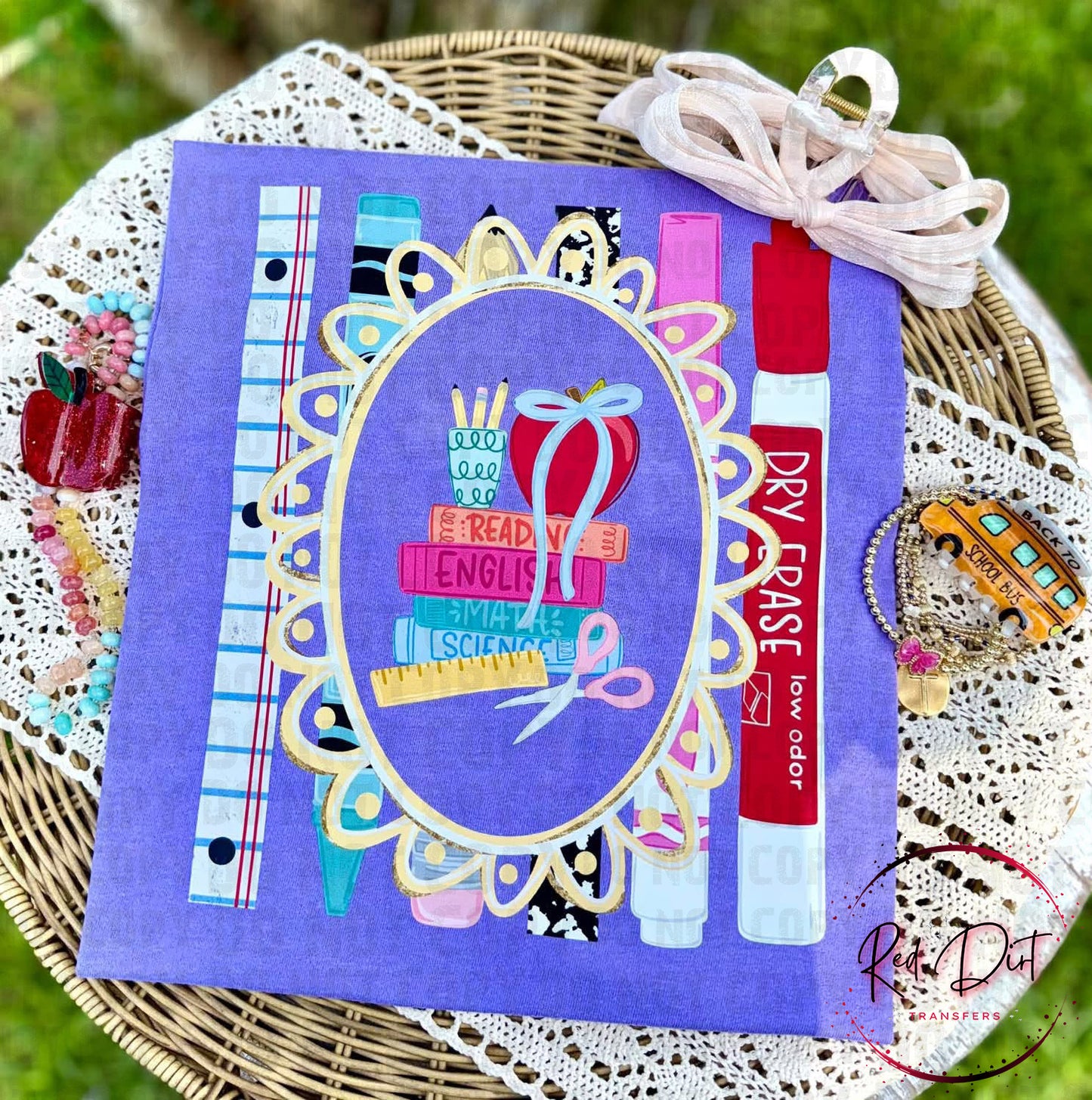 Teacher School Supplies DTF Transfer | Books Apple Dry Erase Marker Heat Transfer | Ready to Press