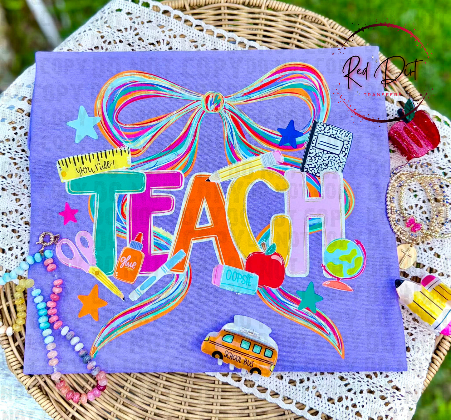 Teach Rainbow Bow DTF Transfer | Colorful Teacher Heat Transfer | Back to School Ready to Press Transfer