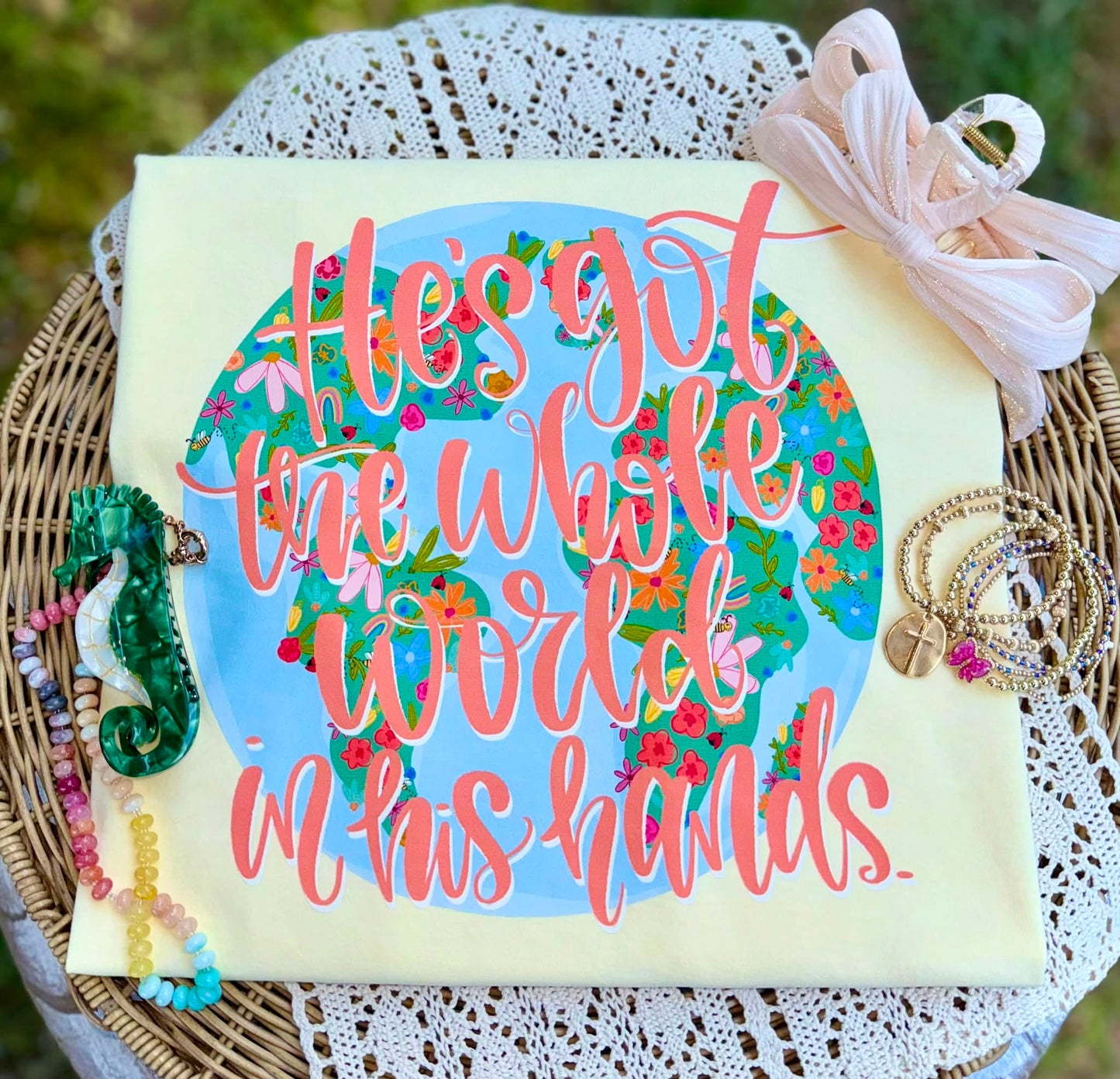 He's Got the Whole World in His Hands DTF Transfer | Christian Floral Globe Heat Transfer | Ready to Press