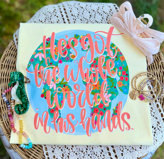 He's Got the Whole World in His Hands DTF Transfer | Christian Floral Globe Heat Transfer | Ready to Press