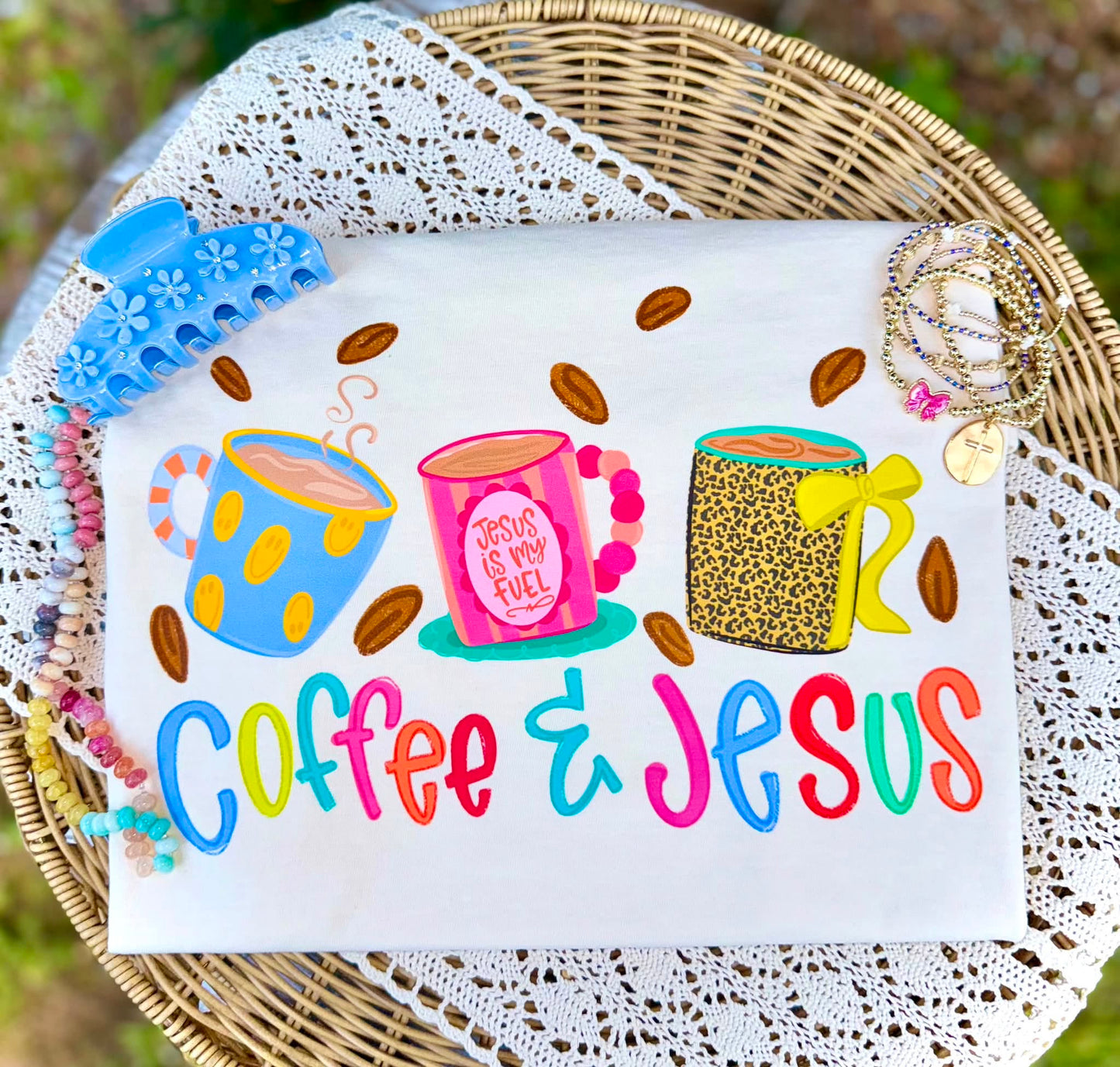 Coffee & Jesus DTF Transfer | Christian Coffee Lover Heat Transfer | Colorful Faith Ready to Press Transfer