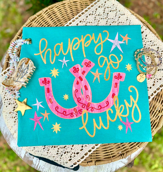 Happy Go Lucky DTF Transfer | Lucky Horseshoe Heat Transfer | Western St. Patrick's Iron On Transfer | Instant Peel