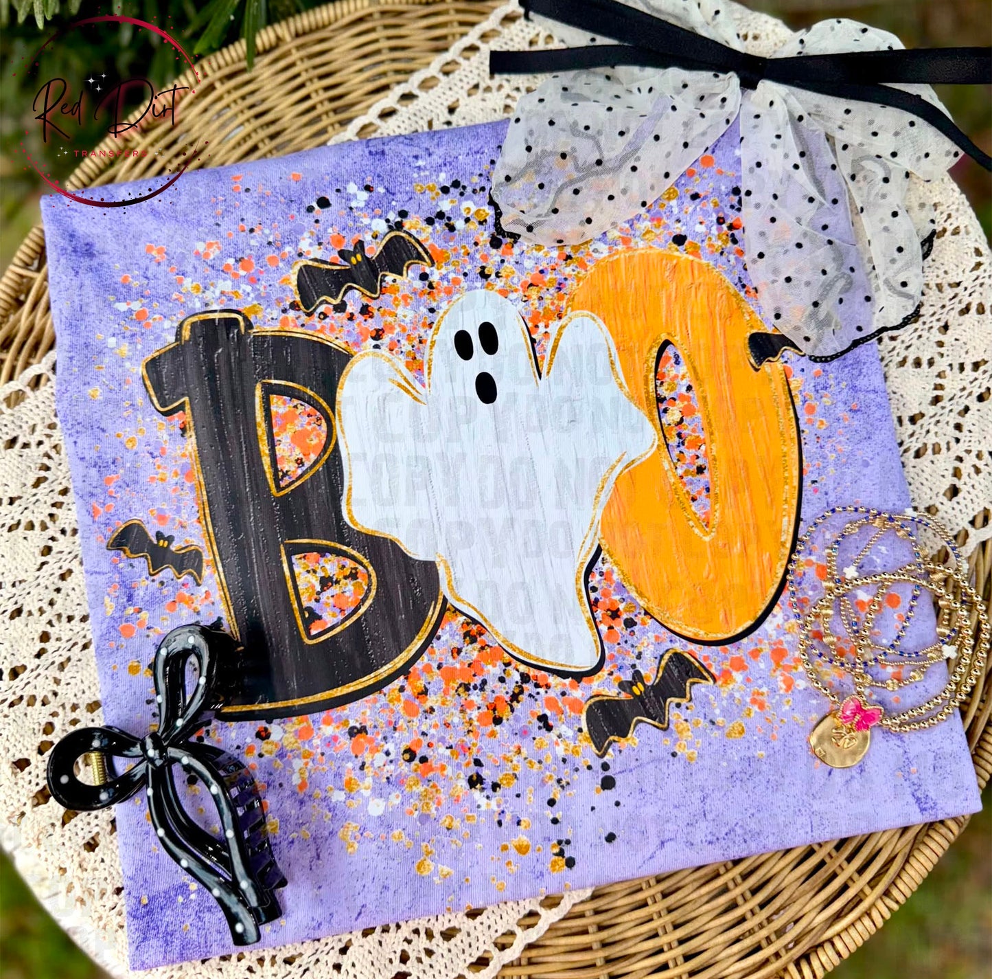 Boo Ghost DTF Transfer | Cute Halloween Ghost Heat Transfer | Spooky Ready to Press Shirt Transfer | Bat Halloween Design