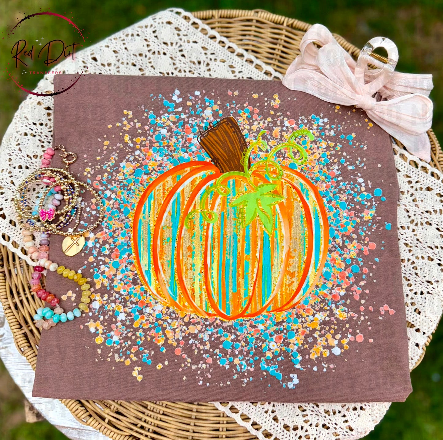Boho Pumpkin DTF Transfer | Paint Splatter Pumpkin Heat Transfer | Fall Pumpkin Ready to Press Transfer | Autumn Shirt Design