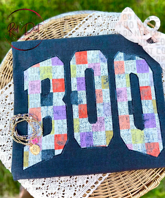 BOO DTF Transfer | Patchwork Halloween Transfer | Colorful Fall Ghost Shirt Transfer | Cute Halloween Heat Transfer