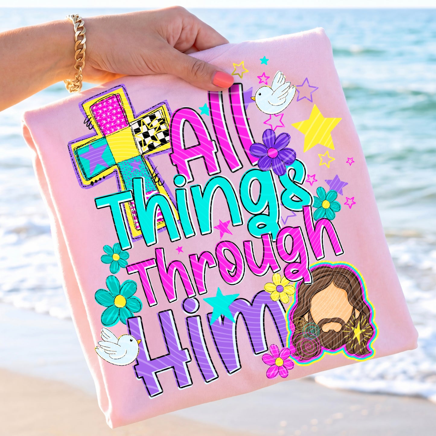 All Things Through Him DTF Transfer | Christian Retro Transfer | Faith Sublimation Style Print | Religious Shirt Transfer | Jesus Cross Design