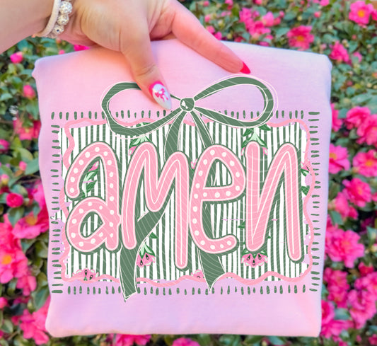 Amen DTF Transfer Ready to Press | Christian Easter Shirt Transfer | Faith Based Coquette Bow Design | Red Dirt Transfers