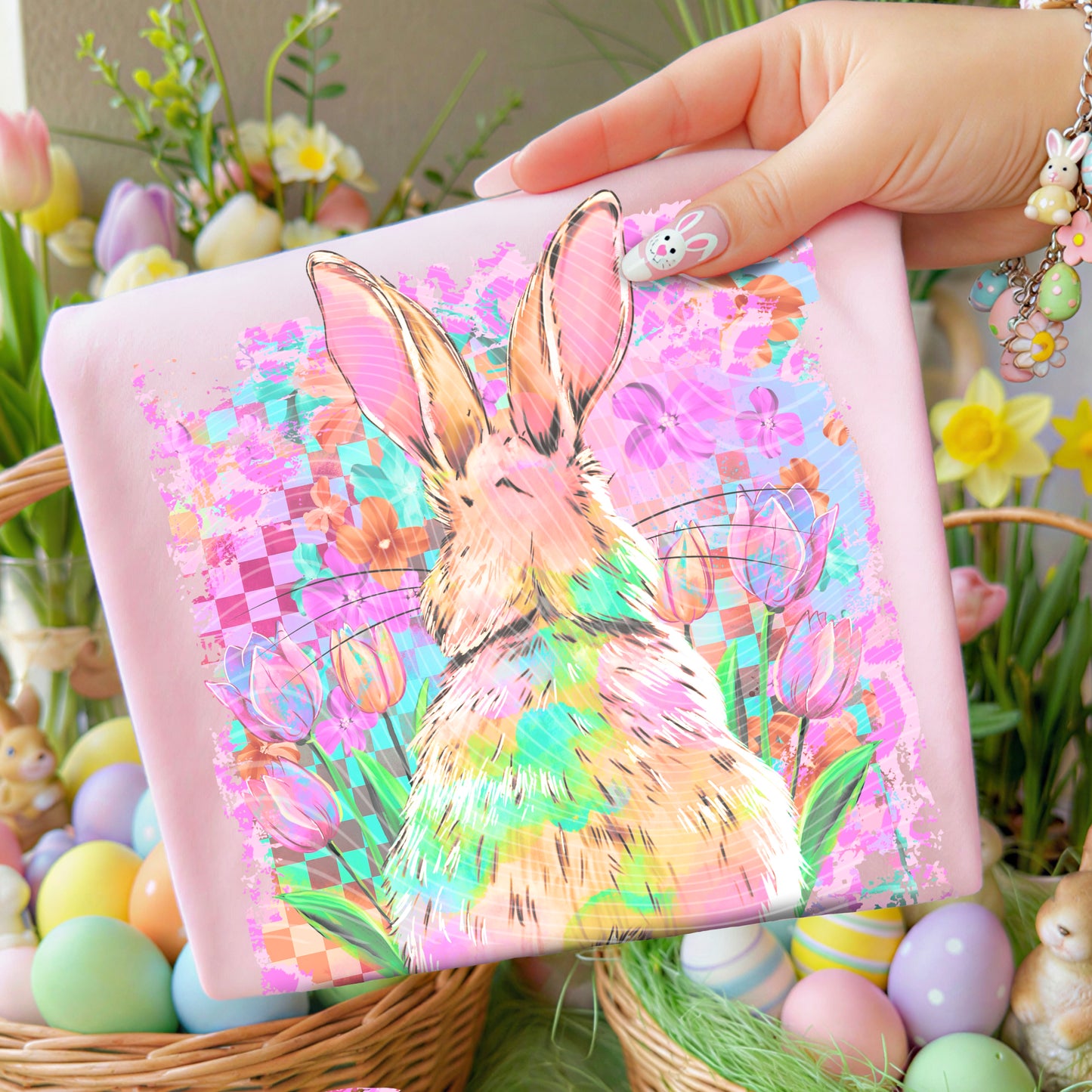 Easter Bunny Back DTF Transfer, Spring Floral Rabbit Transfer, Pastel Bunny Heat Transfer, Cute Easter Ready to Press Transfer