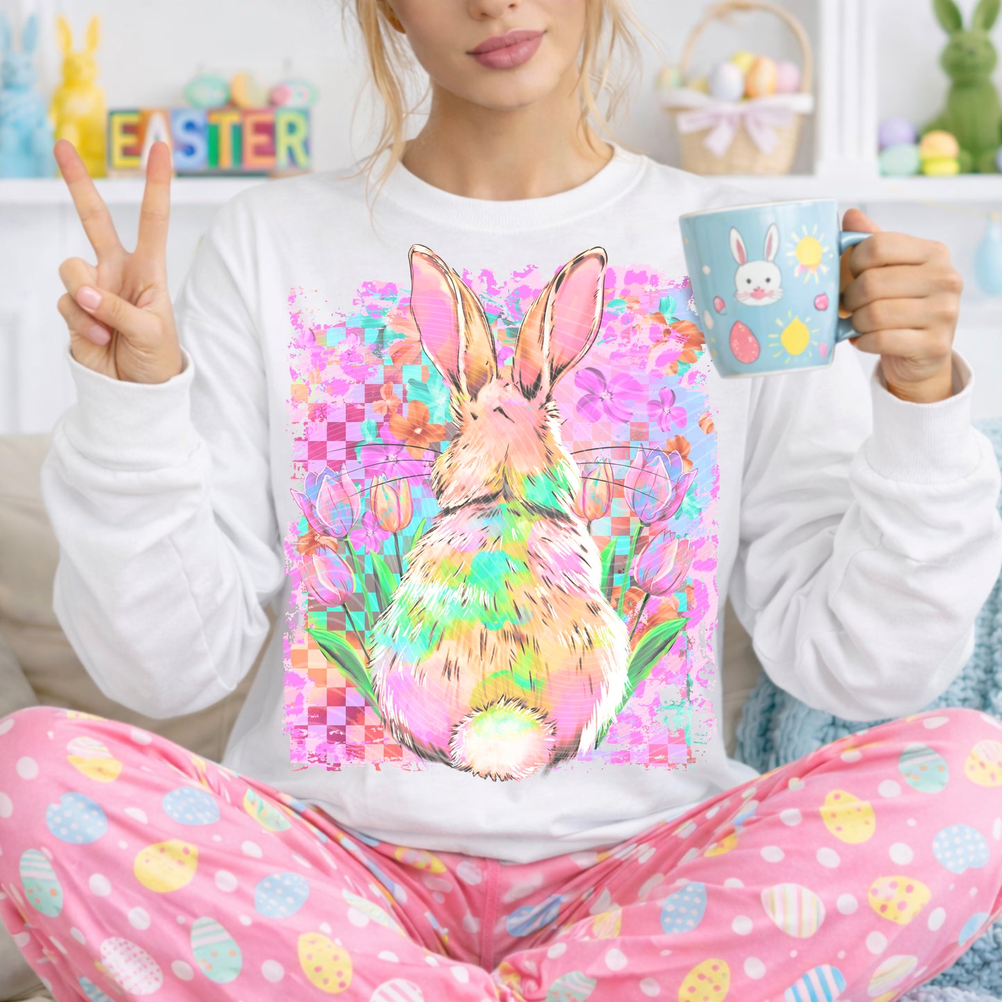 Easter Bunny Back DTF Transfer, Spring Floral Rabbit Transfer, Pastel Bunny Heat Transfer, Cute Easter Ready to Press Transfer