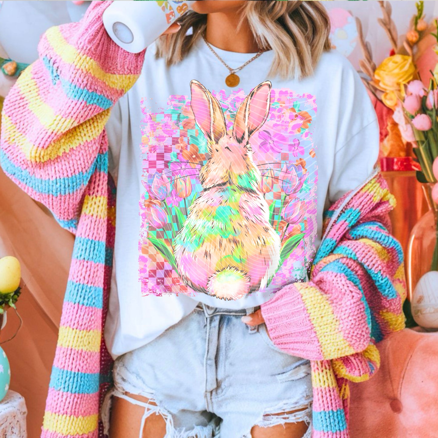 Easter Bunny Back DTF Transfer, Spring Floral Rabbit Transfer, Pastel Bunny Heat Transfer, Cute Easter Ready to Press Transfer